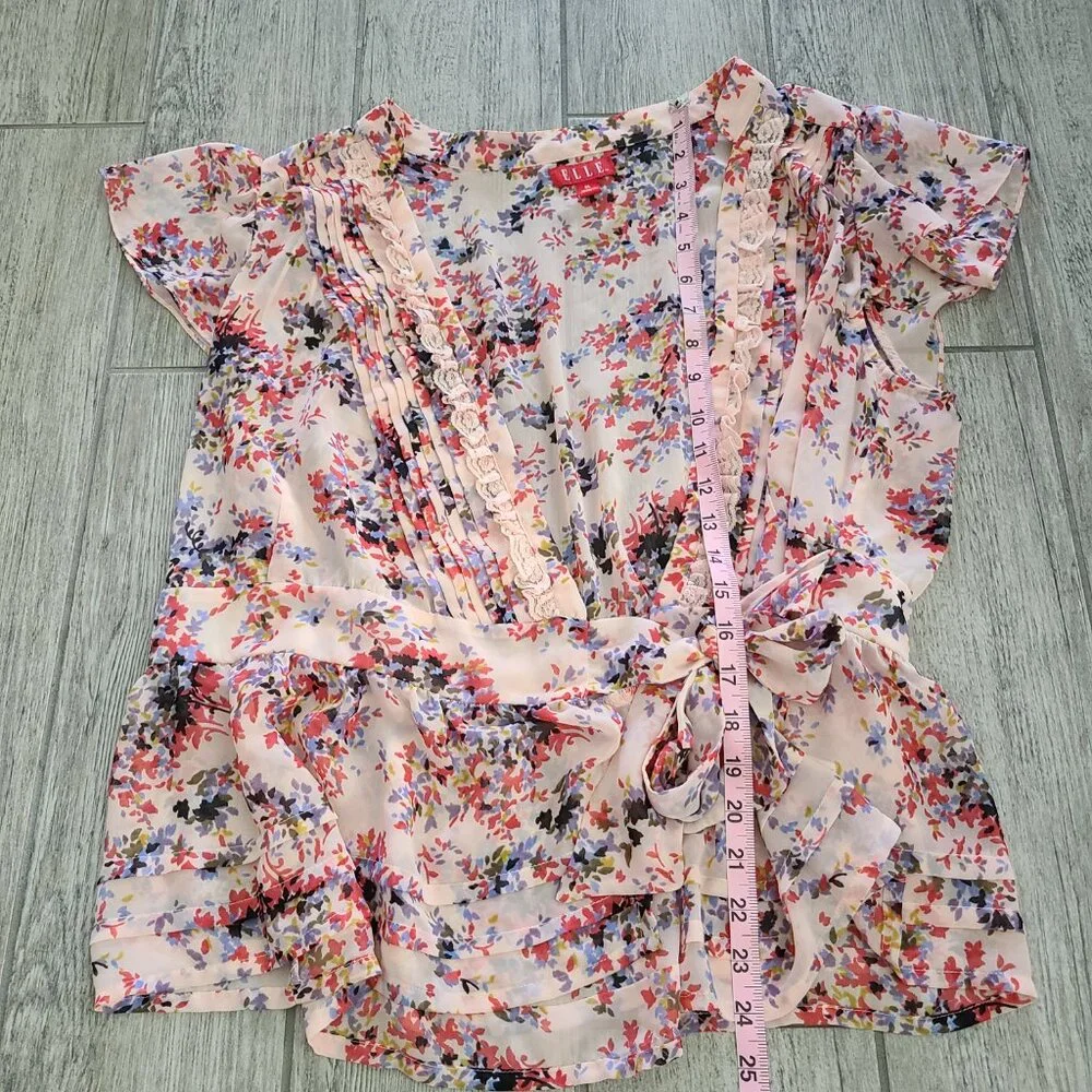 Elle women's pink floral wrap blouse v neck size XL - Picture 6 of 11
